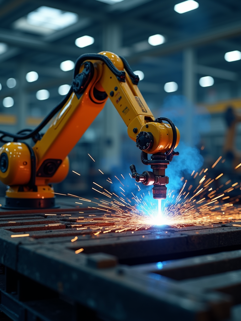 Robotic welding arm at work in a factory